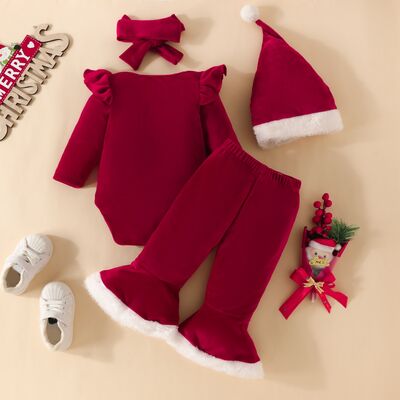 My First Christmas Letter Graphic Ruffle Trim Bodysuit and Pants Girls Set