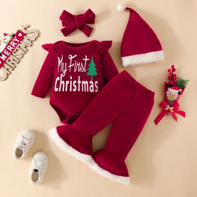 My First Christmas Letter Graphic Ruffle Trim Bodysuit and Pants Girls Set