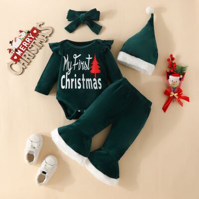 My First Christmas Letter Graphic Ruffle Trim Bodysuit and Pants Girls Set