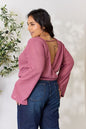 Waffle-Knit Long Sleeve Blouse