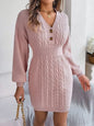Buttoned V-Neck Sweater Dress