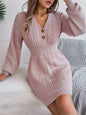 Buttoned V-Neck Sweater Dress