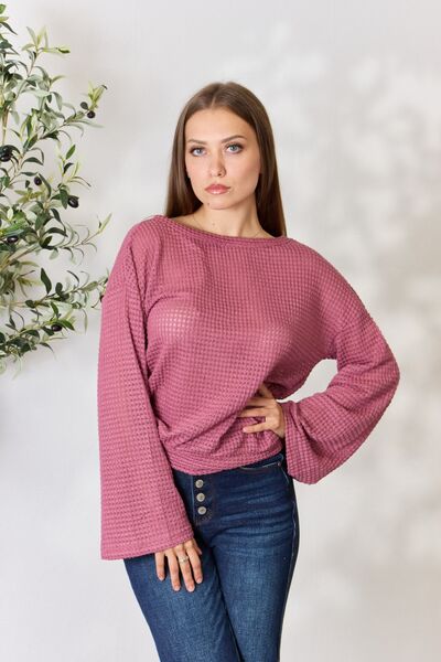 Waffle-Knit Long Sleeve Blouse