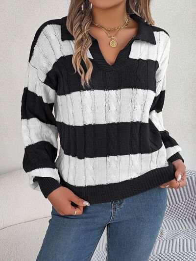 Cable-Knit Striped Long Sleeve Sweater