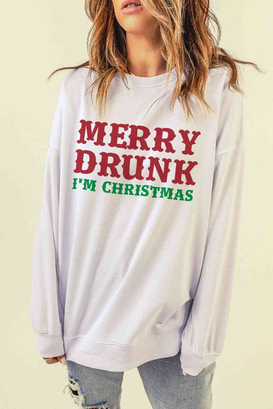 Graphic Dropped Shoulder Sweatshirt Merry Drunk I’m Christmas